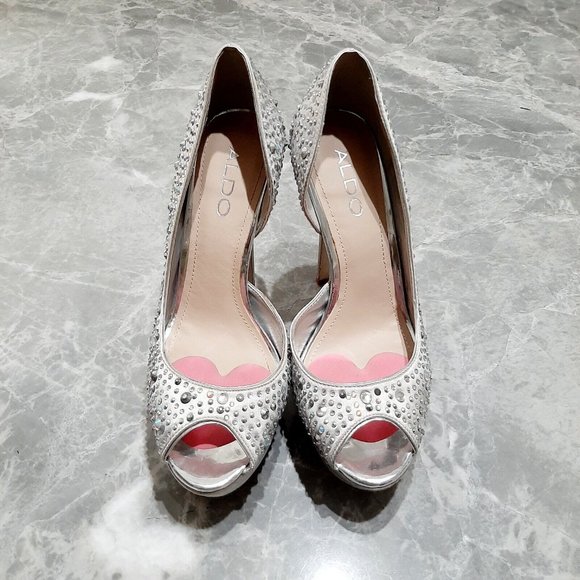 Aldo Silver Studded Embellished Gray Platform Slip On Pumps SZ 7B Wedding Prom - Picture 2 of 7